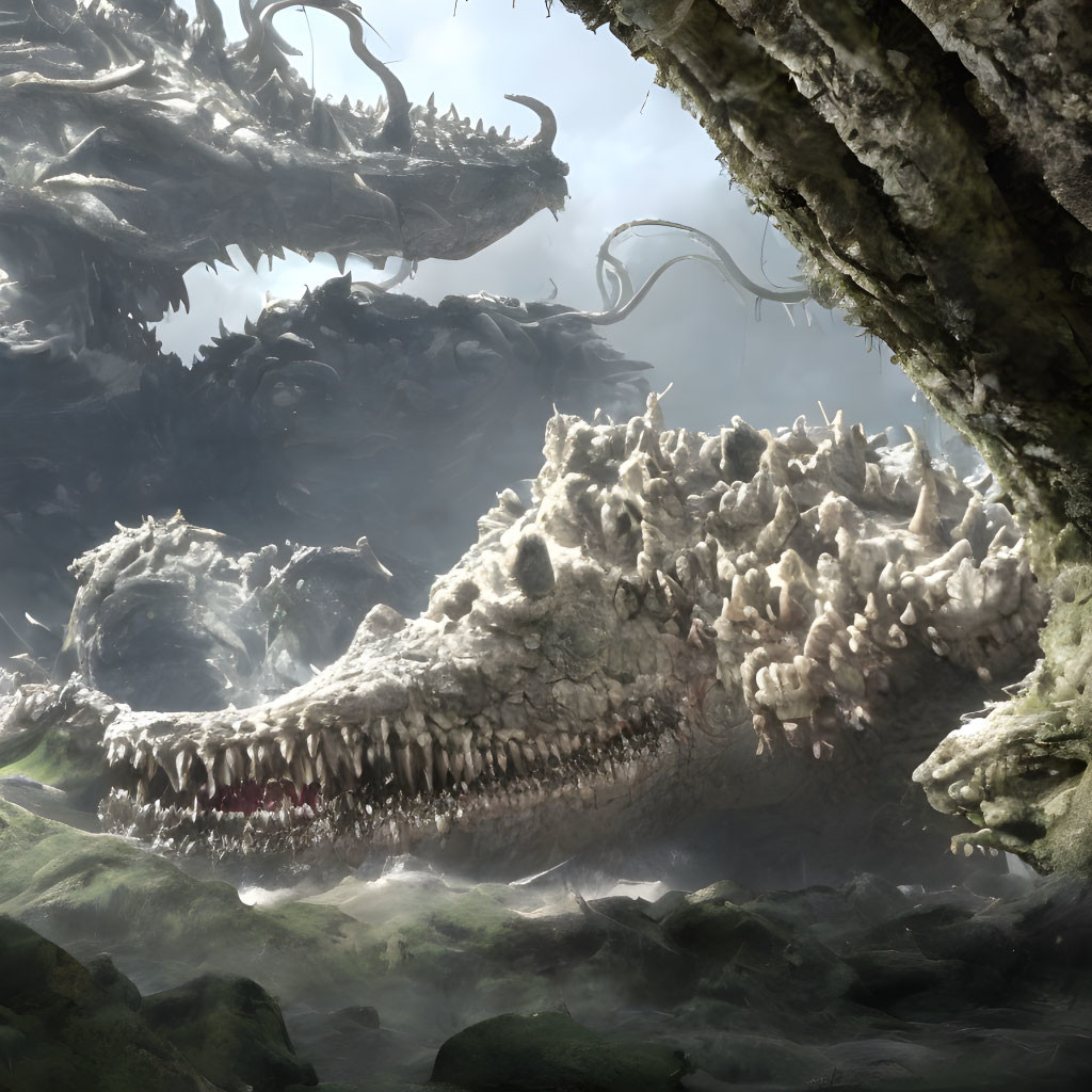 Mythical multi-headed dragon in misty cavern