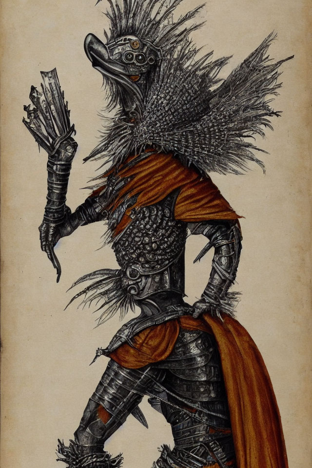 Illustration: Medieval armor with plague doctor mask, crow-like features, feathers, dark ambiance