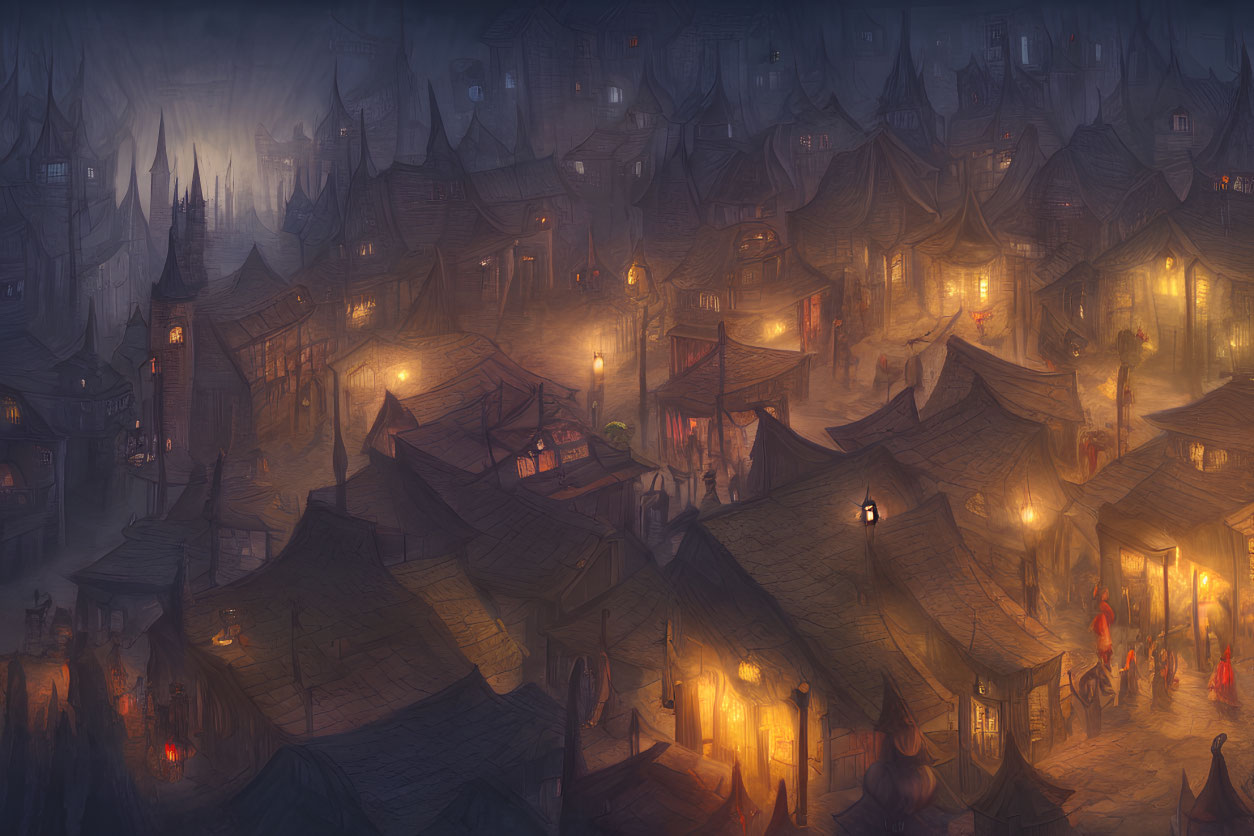 Illustration of bustling ancient town at night with lanterns, fog, and silhouetted figures