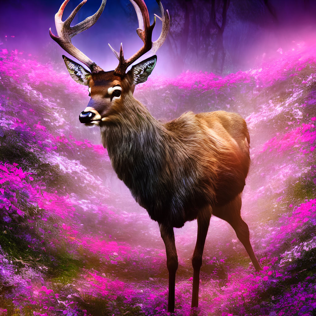 Majestic stag with impressive antlers in mystical purple forest