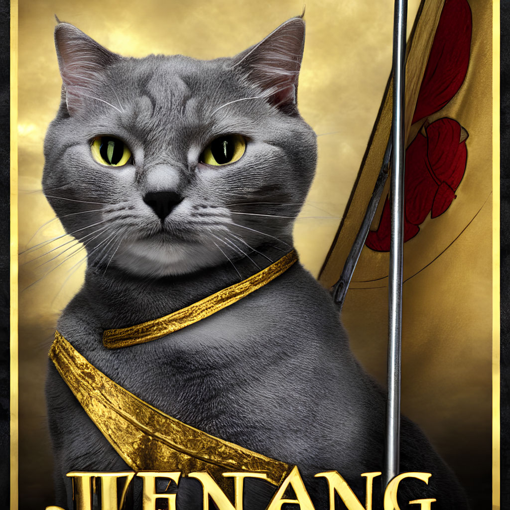 Gray Cat Artwork: Yellow-eyed Feline in Warrior Garb