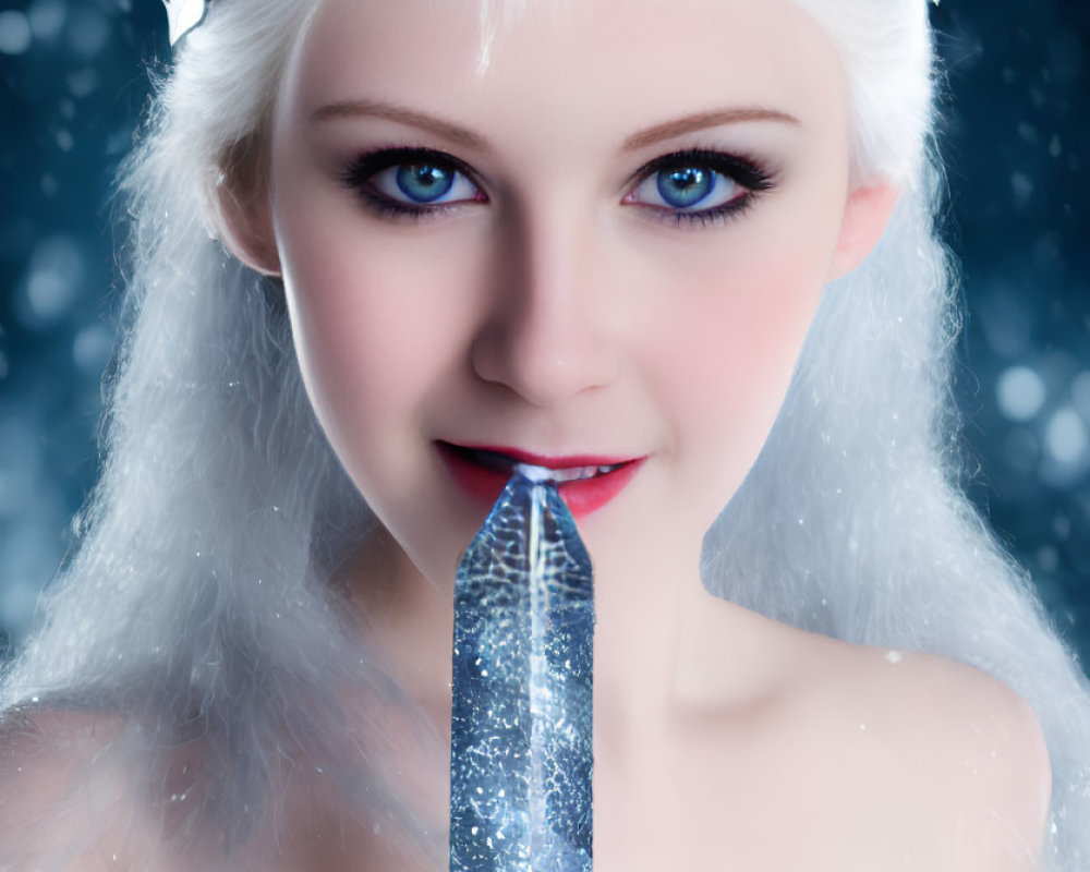 Blonde woman with blue eyes wearing ice crown in snowy scene