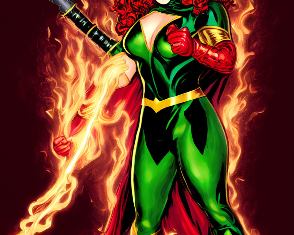 Female superhero with red hair in green and yellow costume wields flaming sword