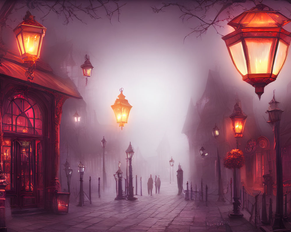 Twilight scene with glowing street lamps on cobbled street