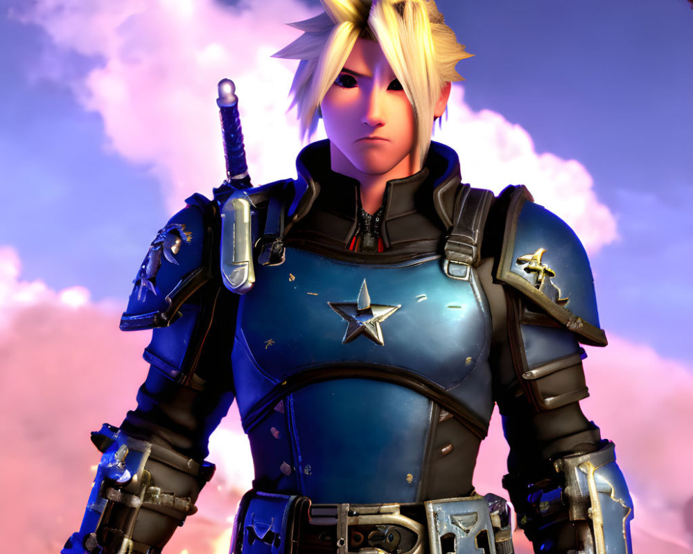 Spiky Blonde Hair 3D Character in Blue Armor with Sword at Sunset