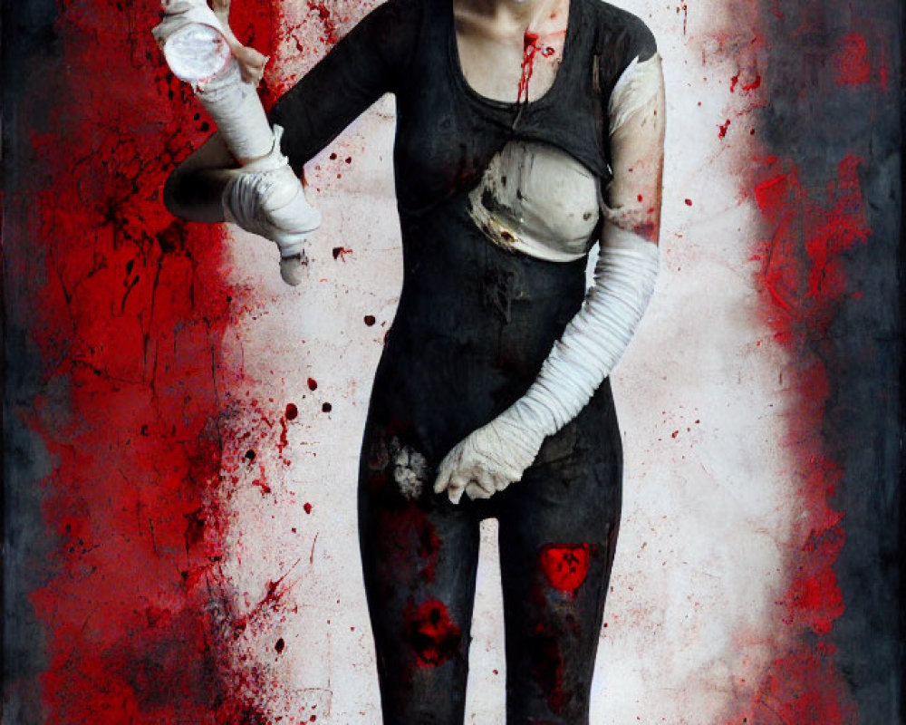 Dark figure in stained attire with gas mask, holding syringe on blood-splattered backdrop