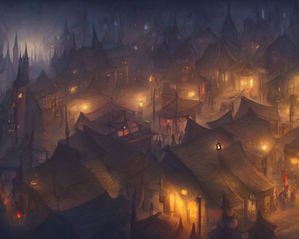 Illustration of bustling ancient town at night with lanterns, fog, and silhouetted figures