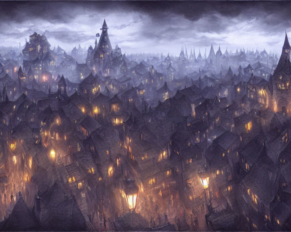 Fantasy cityscape with pointed rooftops and illuminated windows