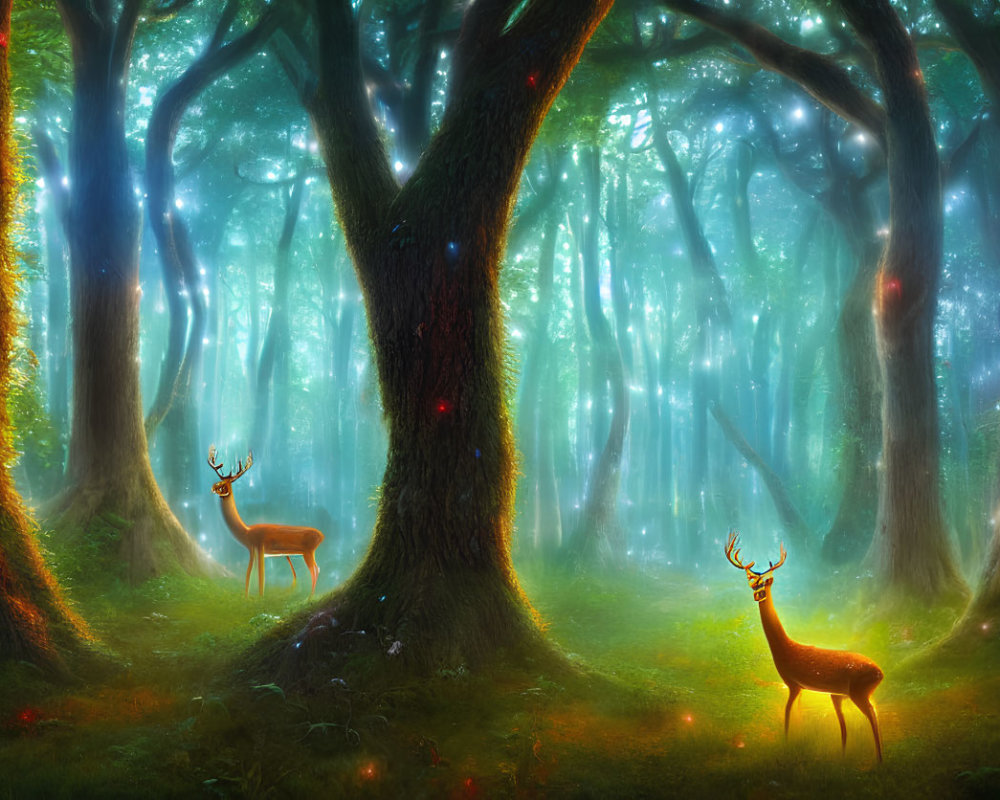 Mystical forest scene with glowing trees and two deer