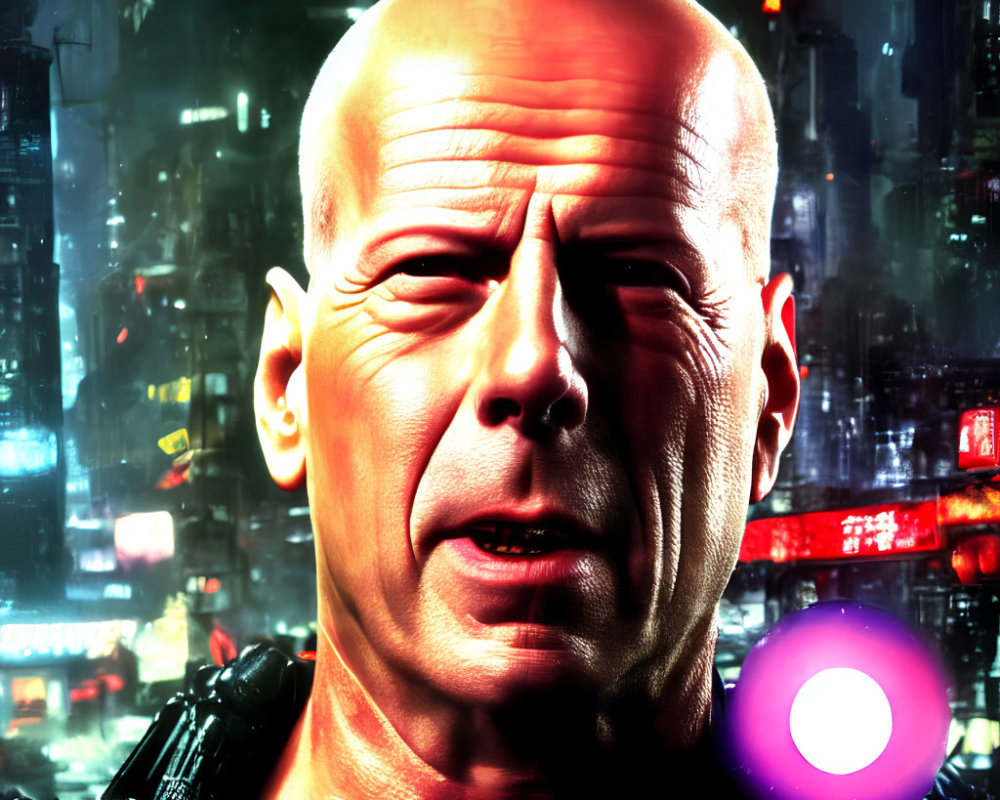 Bald CGI man with intense gaze in neon-lit cityscape