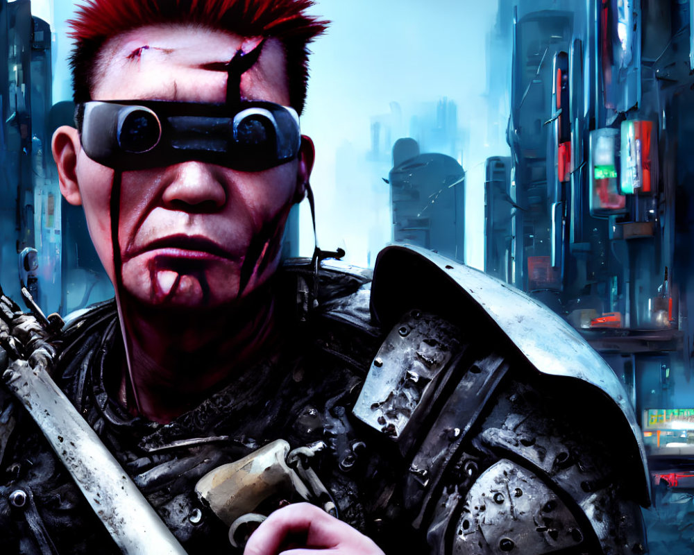 Futuristic warrior with red mohawk in black armor against cityscape