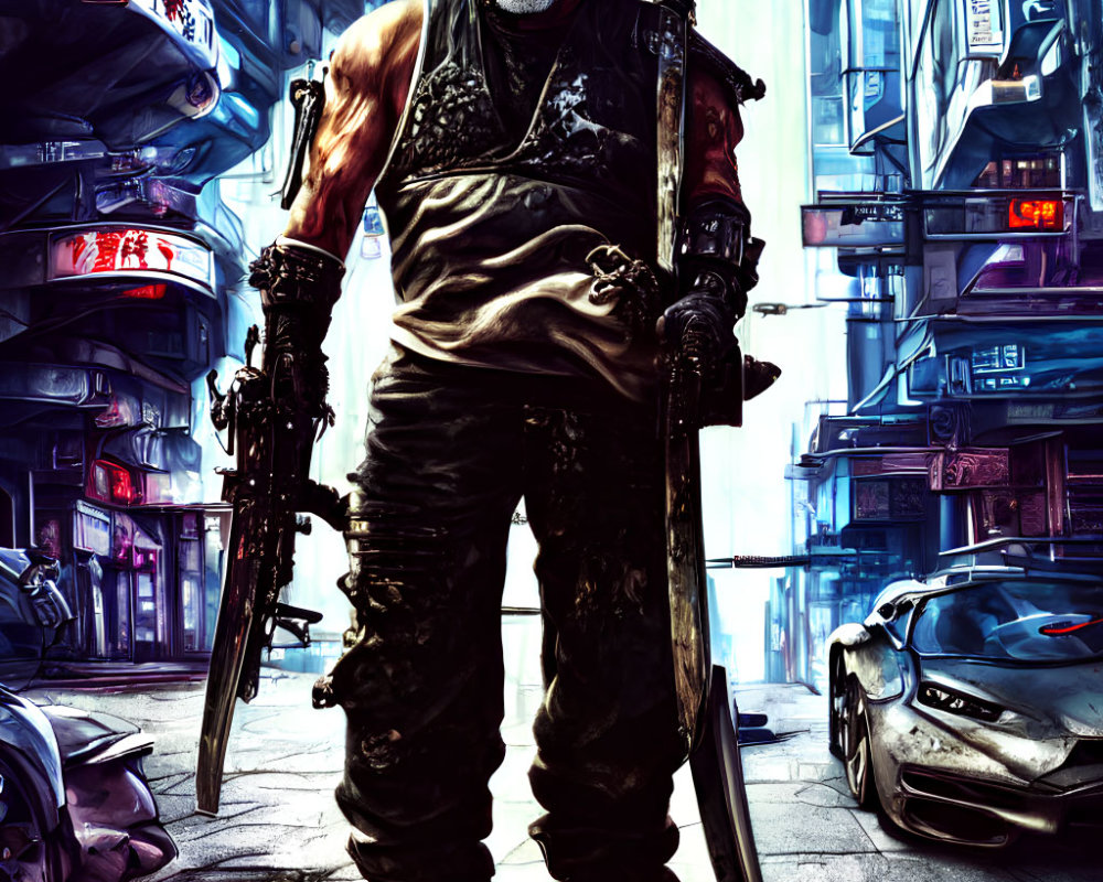 Futuristic warrior with sword and cybernetic arm in neon-lit urban alley