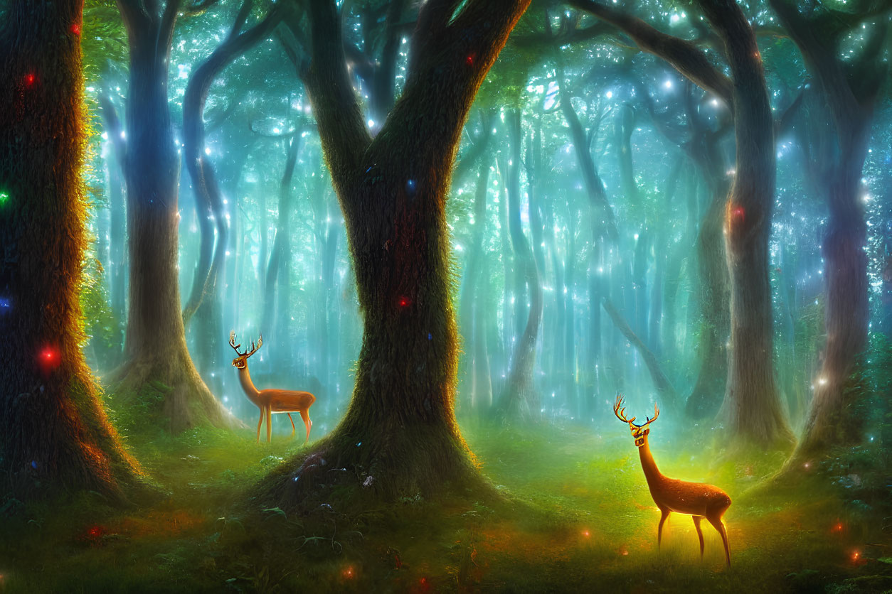 Mystical forest scene with glowing trees and two deer