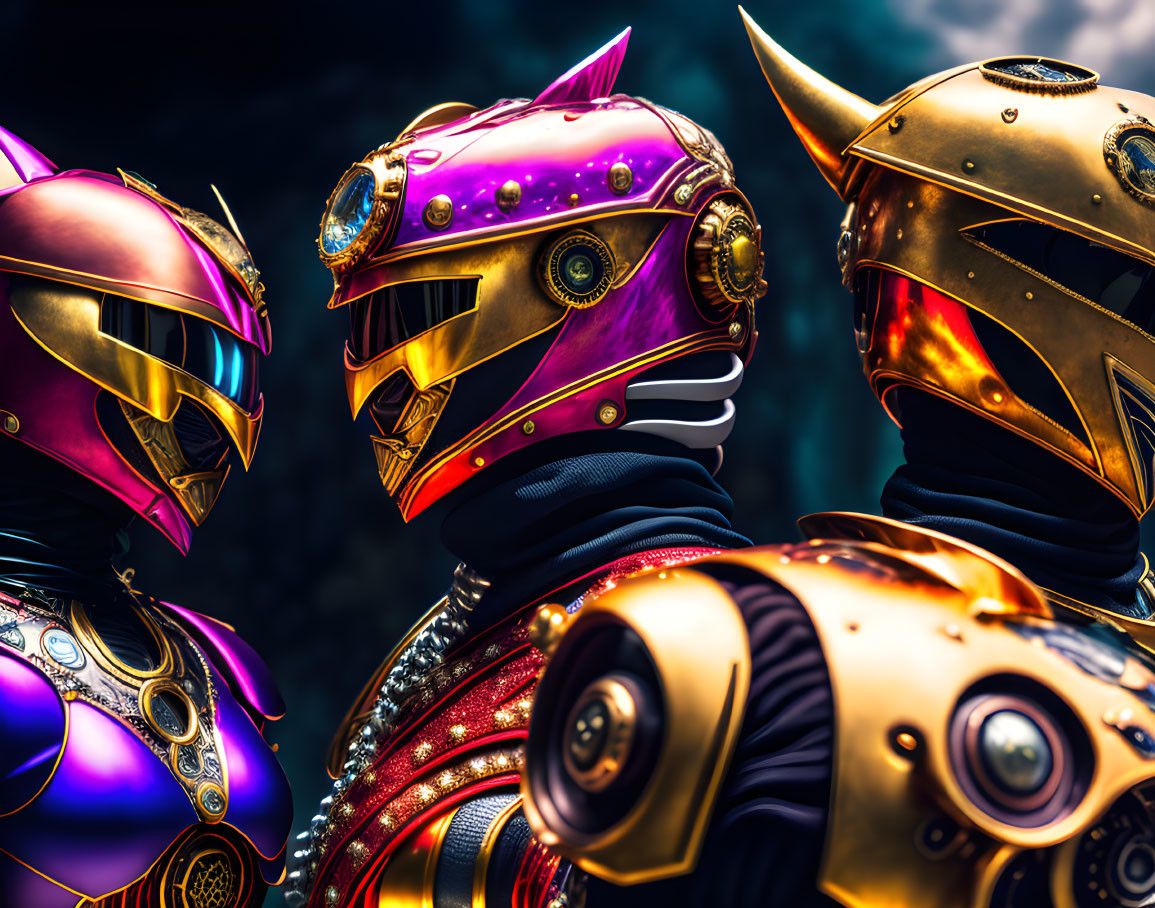 Vibrant futuristic helmets: metallic pink, gold, and blue designs