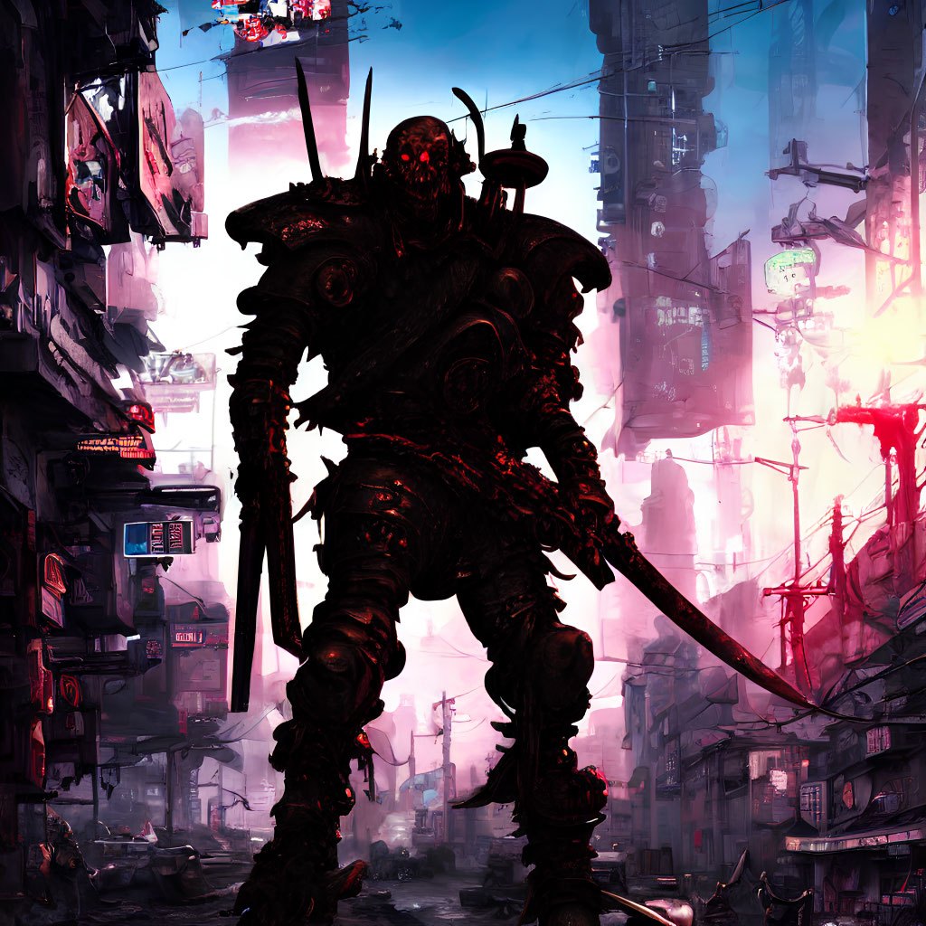 Futuristic warrior in armor with long sword in neon-lit cyberpunk cityscape