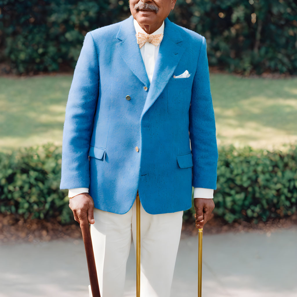 Elegant figure in bright blue blazer, white trousers, patterned bow tie, and cane.