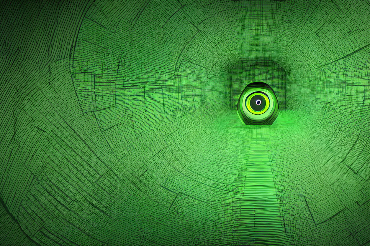 Digital green tunnel with concentric circle pattern and glowing green eye.