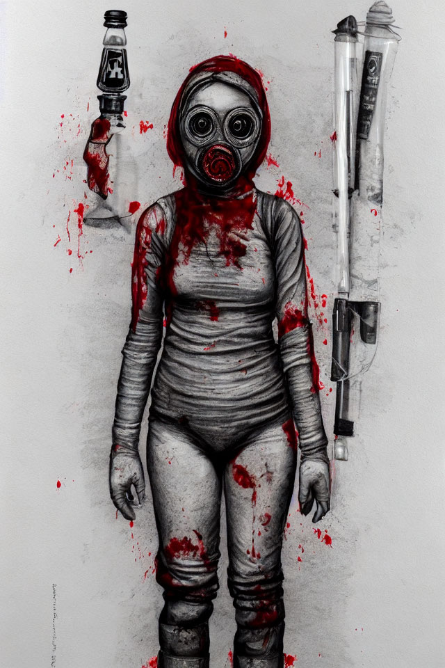 Illustration of person in gas mask and protective suit with biohazard elements