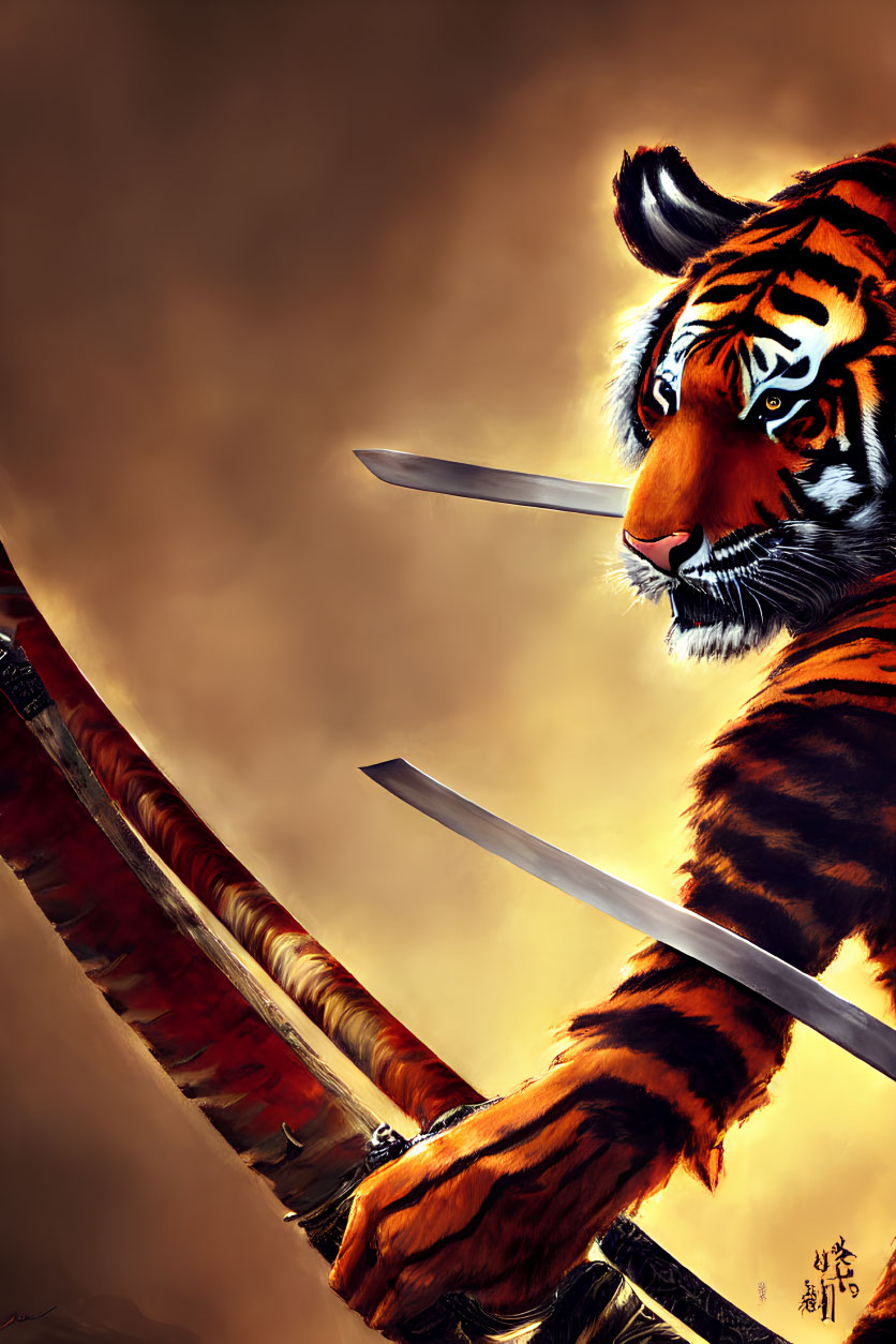 Anthropomorphic Tiger with Katana on Golden Background