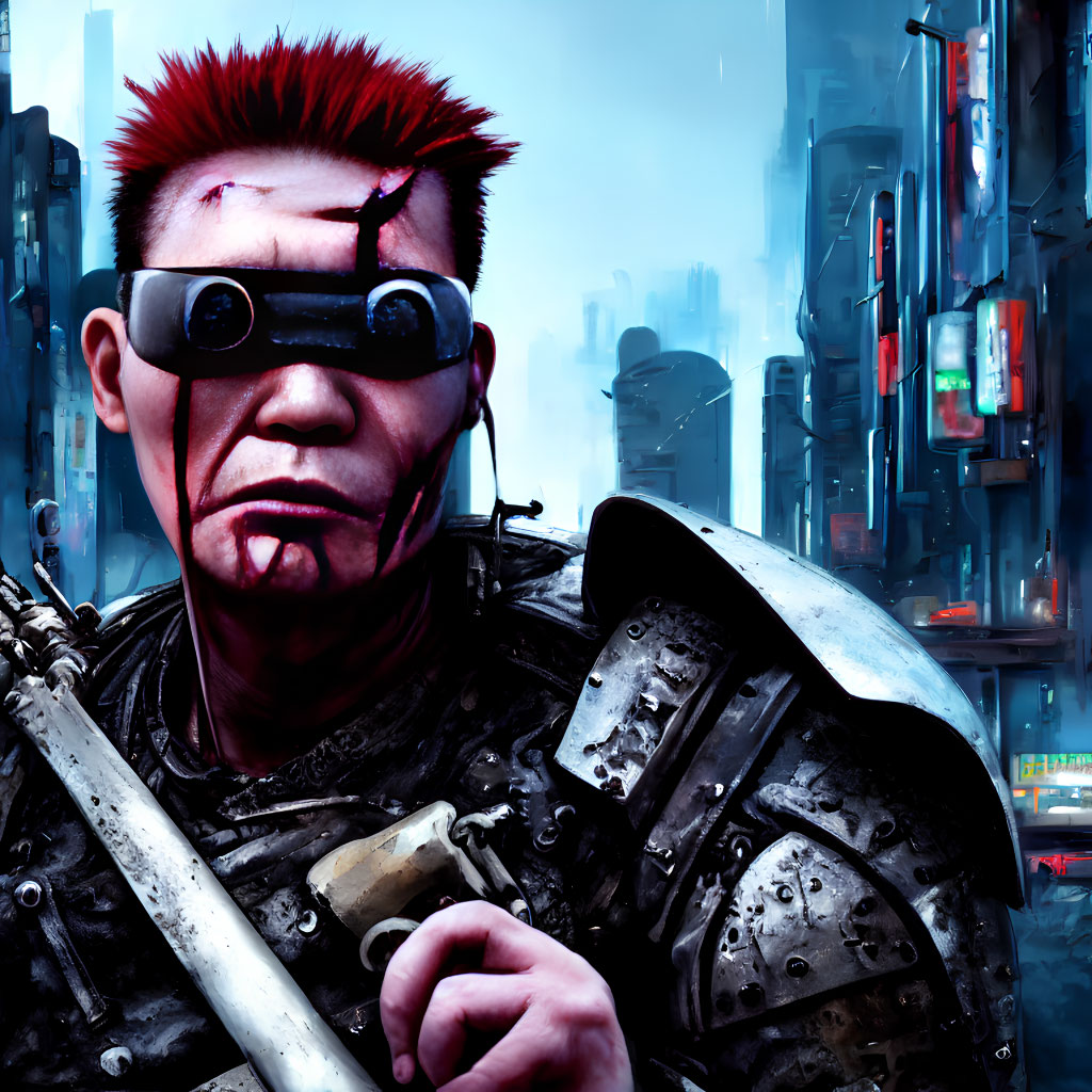 Futuristic warrior with red mohawk in black armor against cityscape