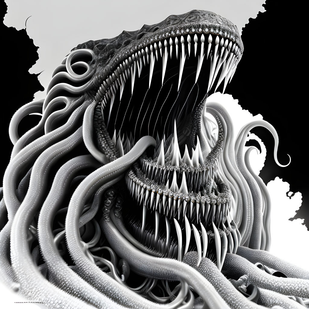 Monstrous creature with snake-like tentacles and sharp teeth on light background