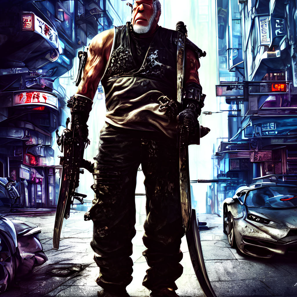 Futuristic warrior with sword and cybernetic arm in neon-lit urban alley