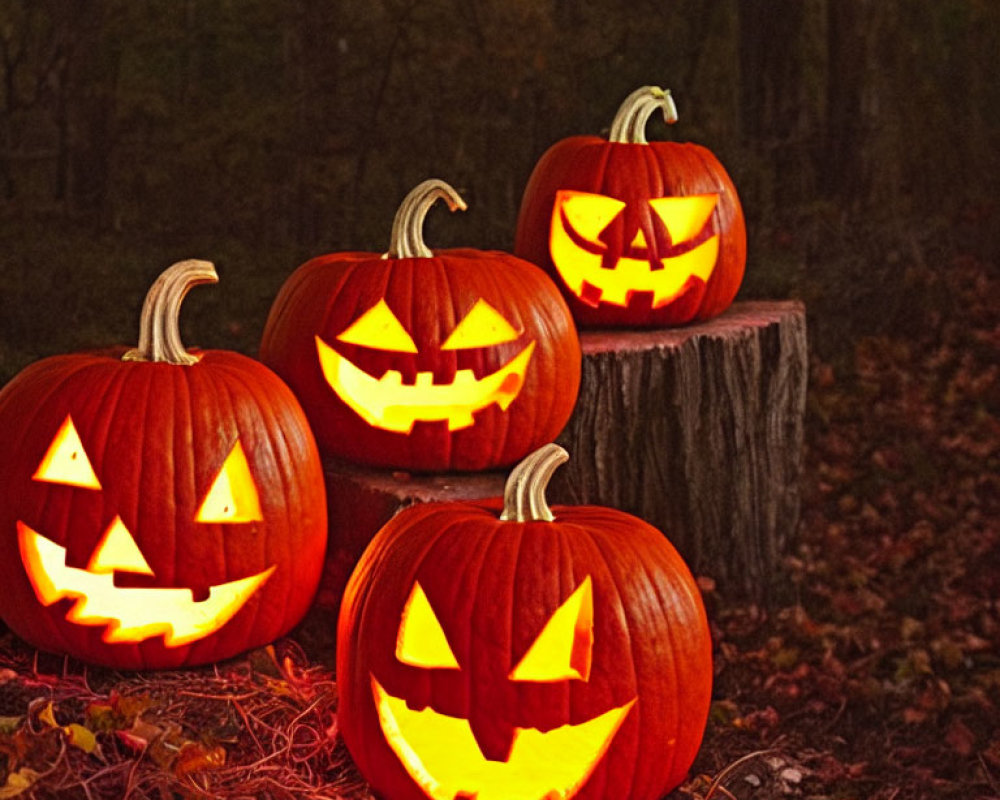 Four Glowing Jack-o'-lanterns in Dusk Setting