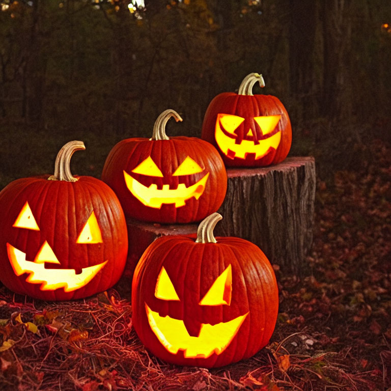 Four Glowing Jack-o'-lanterns in Dusk Setting