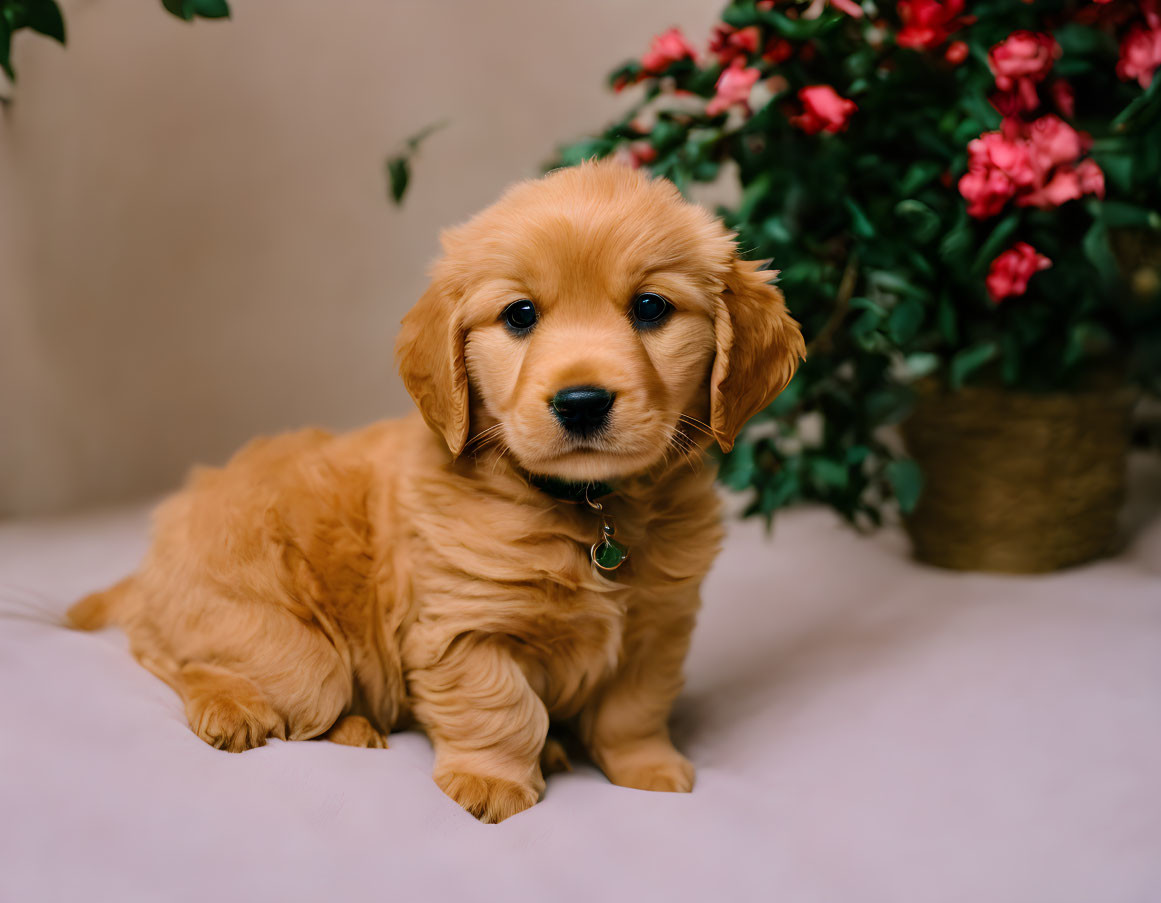 Golden Retriever Puppy with Collar in front of Red Blossom Potted Plant