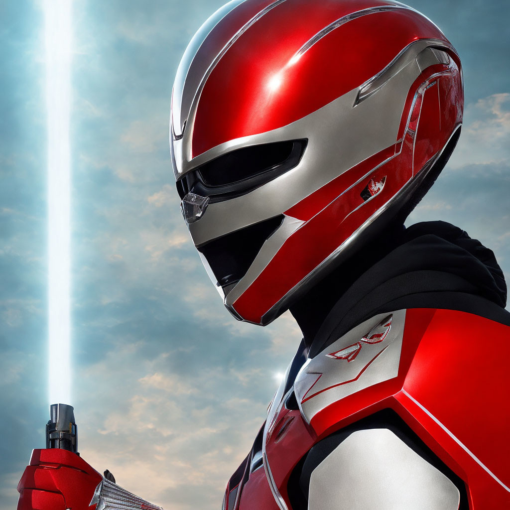 Red and Silver Power Ranger gazing at bright light beam in sky