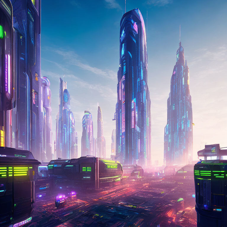 Futuristic cityscape with towering skyscrapers and neon lights