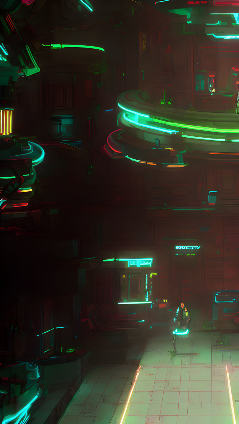 Futuristic neon-lit cityscape with circular structures and glowing lights