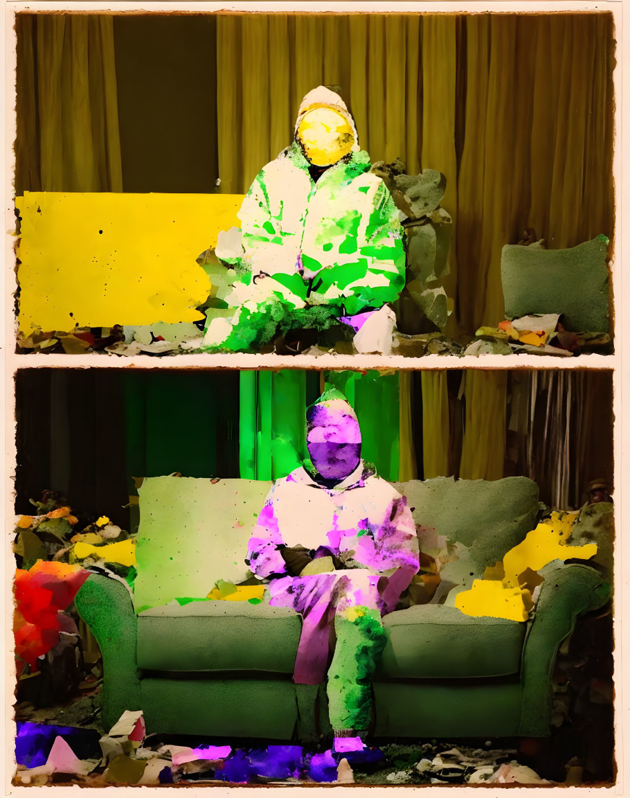 Person sitting on green sofa with colorful paint splotches for artistic effect