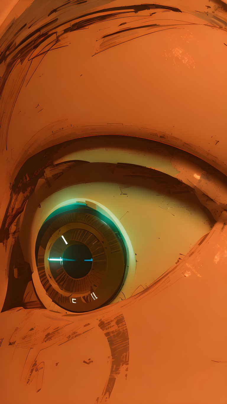 Futuristic Orange Robotic Eye with Glowing Blue Iris and Green Accents