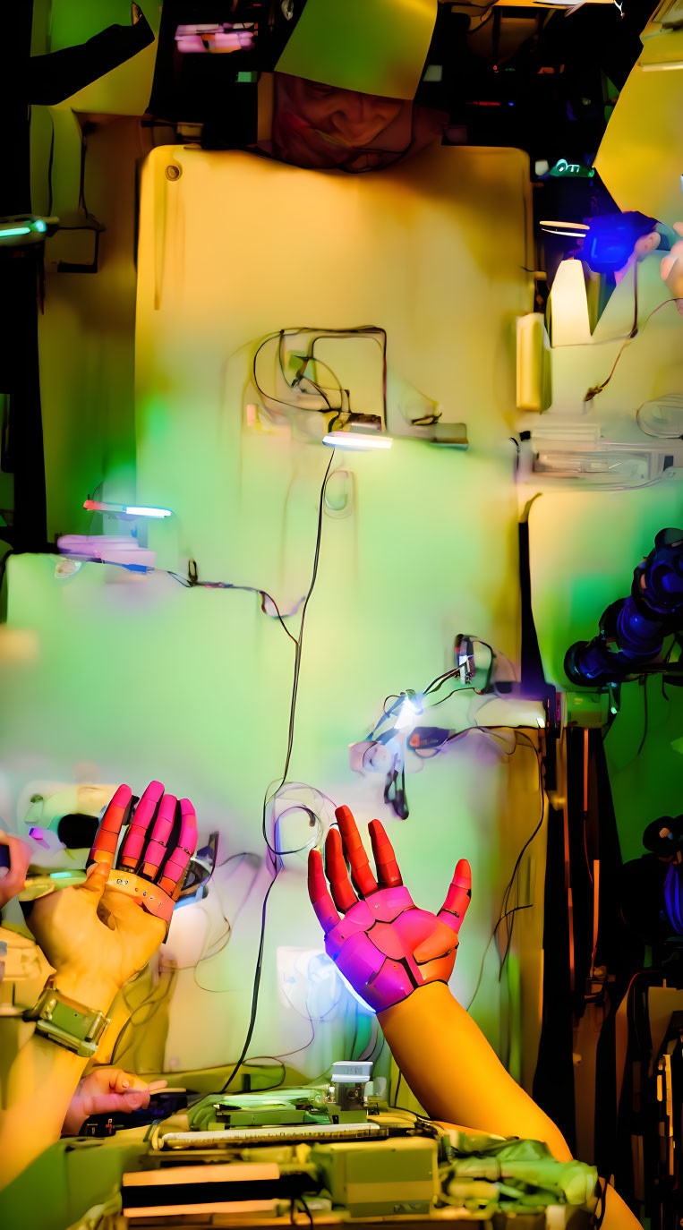 Vibrant abstract image: Blurred hands, neon lights, chaotic backdrop