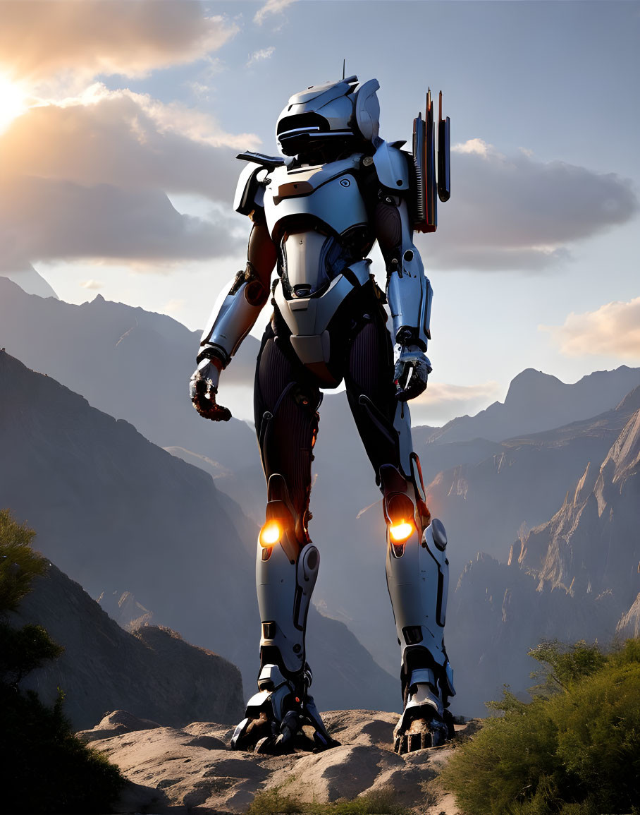 Futuristic robot in mountainous landscape with sunlight.