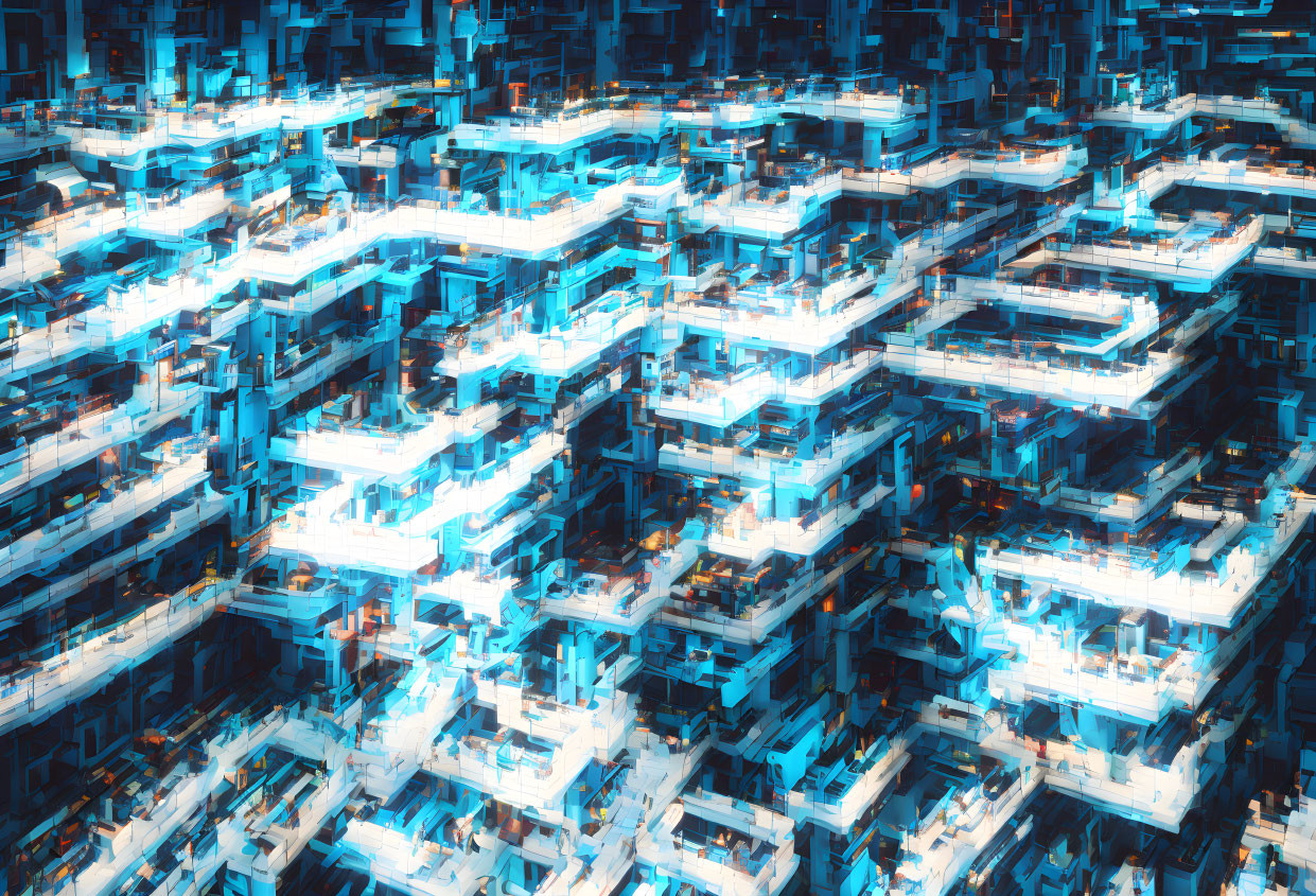 Futuristic blue and white glowing cityscape with interconnected structures