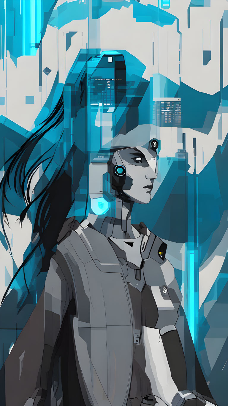 Futuristic female android with blue cybernetic enhancements and long black hair in digital city setting