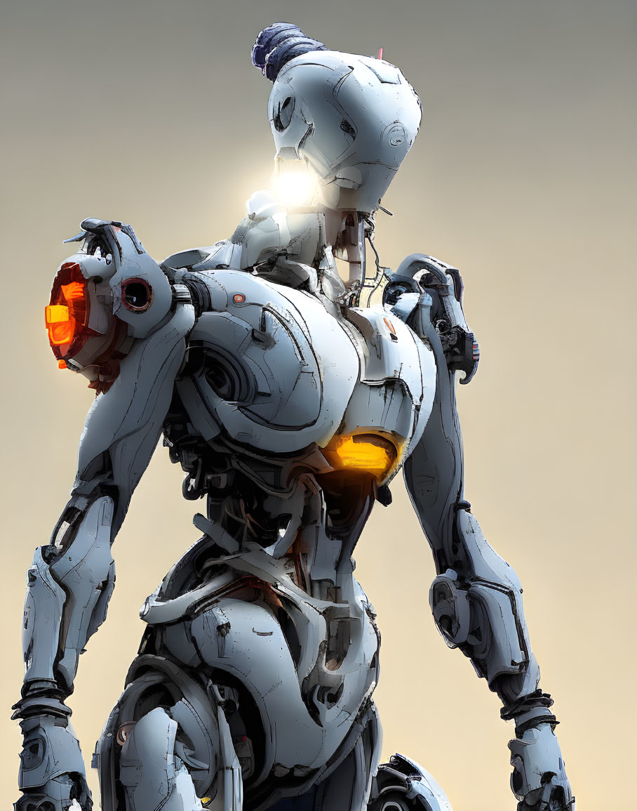 Detailed humanoid robot with intricate mechanical parts and glowing orange elements.