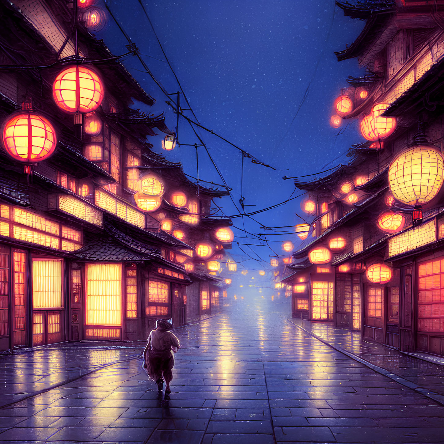 Person walking on rainy, lamp-lit street with traditional buildings under purplish sky