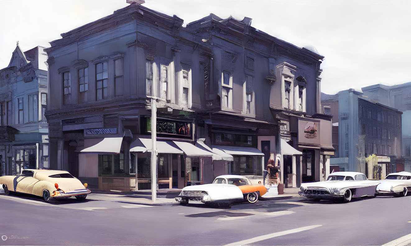 Vintage-style illustration of street corner with classic cars and restaurant building.