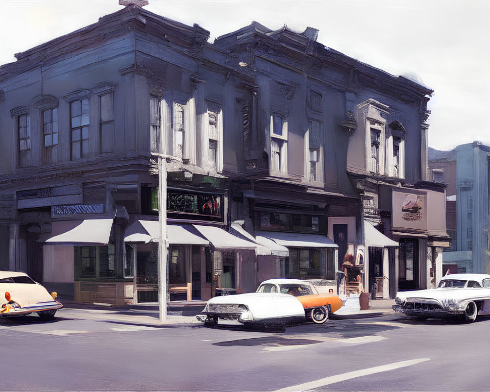 Vintage-style illustration of street corner with classic cars and restaurant building.