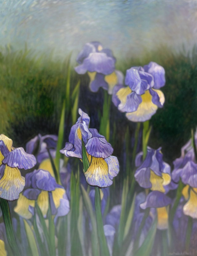 Purple and Yellow Irises Painting with Soft Focus on Grassy Background