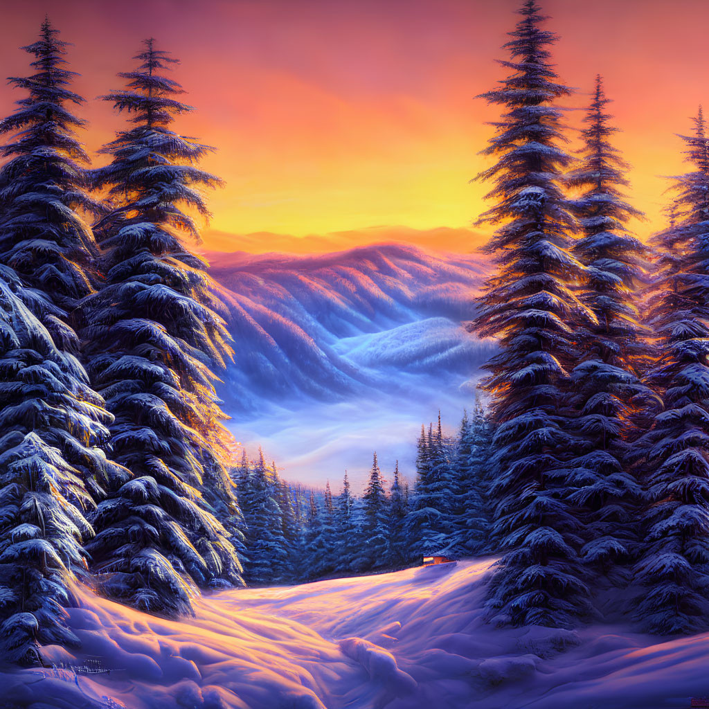 Snow-covered pine trees at sunset with mountainous backdrop and cabin.