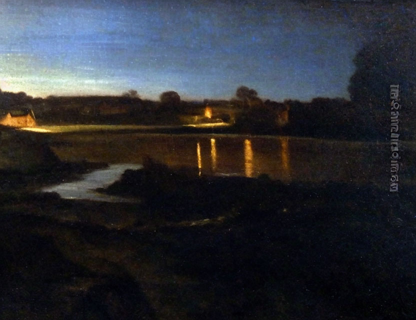 Tranquil Nighttime Landscape with River and Dim Lights