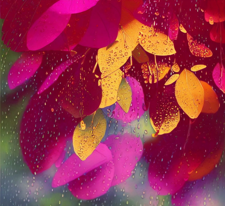 Colorful Pink and Yellow Leaves with Water Droplets on Soft-focus Background