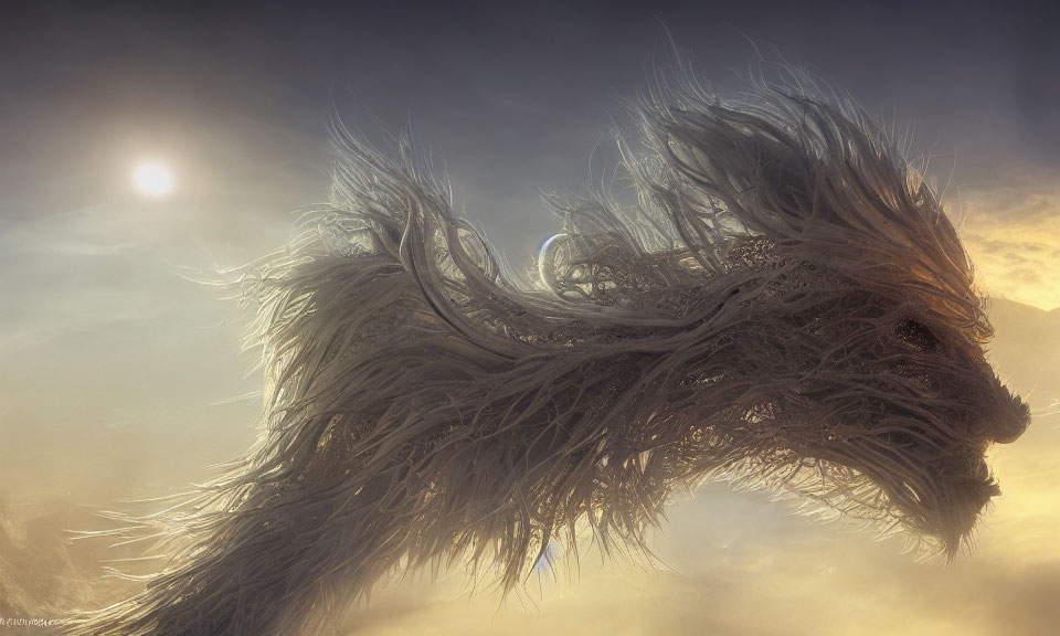 Mystical creature with feathers or fur under dim sun and misty sky