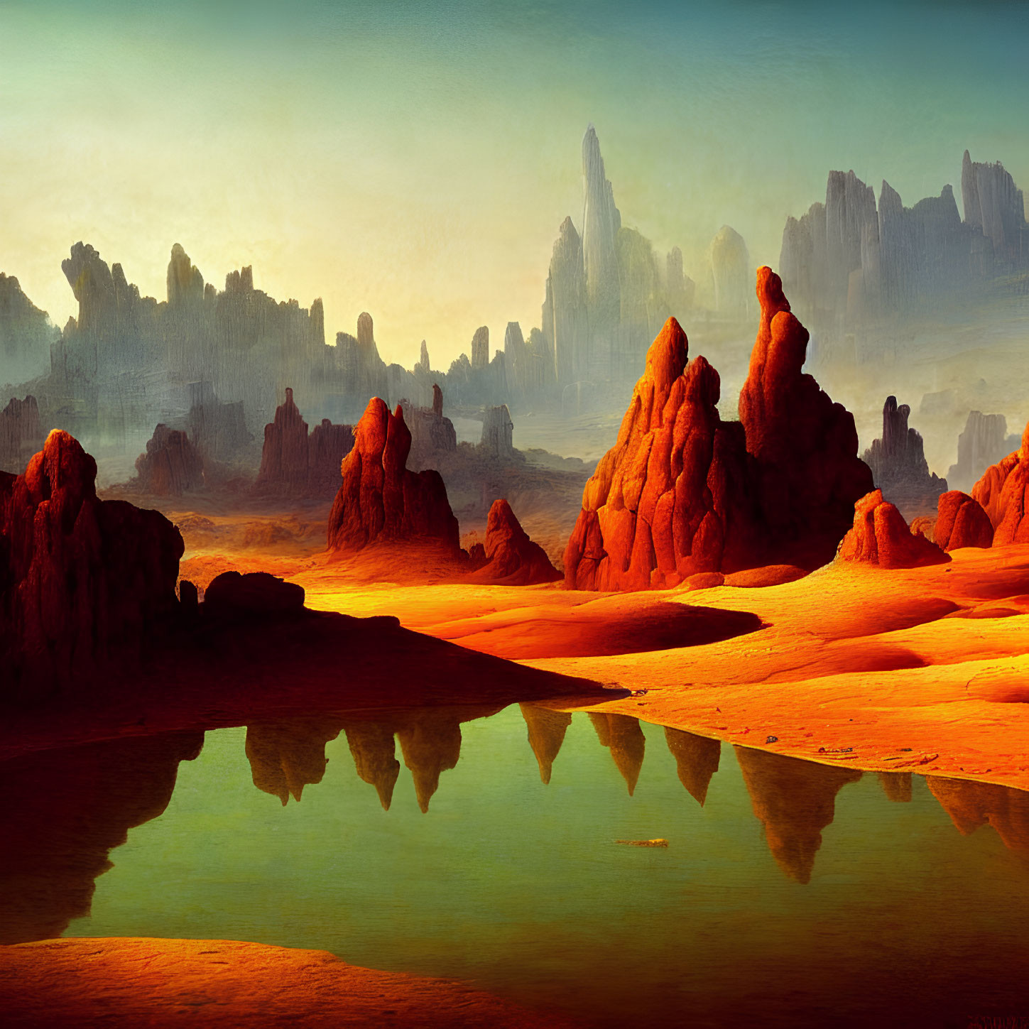 Alien landscape with towering red rock formations and calm water reflections