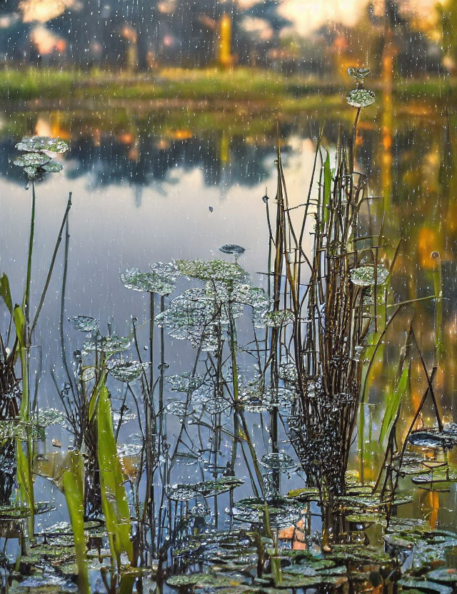 Tranquil pond scene with lily pads, reeds, and sunset reflections