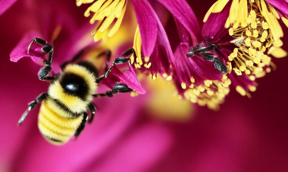 Yellow and Black Bumblebee Hovering Near Pink and Yellow Flowers